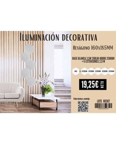 PANEL LED ENLAZABLE HEXAGONAL BLANCO 3,5W 200LM 4000K 25000H 160x185MM 7hSevenOn +5 EXTENSIONES 2,9 W
