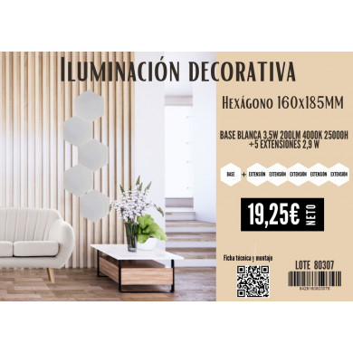 PANEL LED ENLAZABLE HEXAGONAL BLANCO 3,5W 200LM 4000K 25000H 160x185MM 7hSevenOn +5 EXTENSIONES 2,9 W