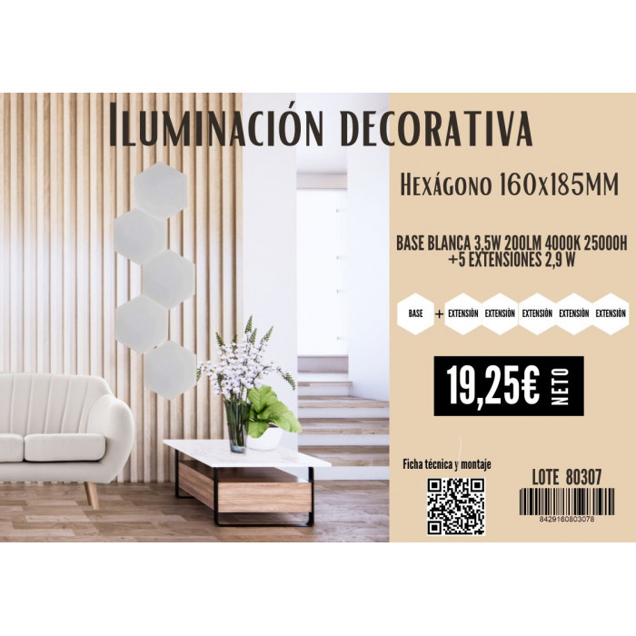 PANEL LED ENLAZABLE HEXAGONAL BLANCO 3,5W 200LM 4000K 25000H 160x185MM 7hSevenOn +5 EXTENSIONES 2,9 W