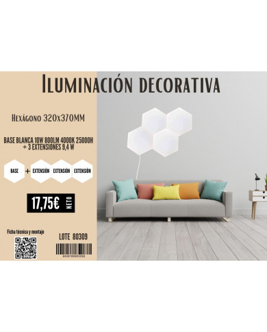 PANEL LED ENLAZABLE HEXAGONAL BLANCO 10W 800LM 4000K 25000H 320x370MM 7hSevenOn+ 3 EXTENSIONES 9,4 W