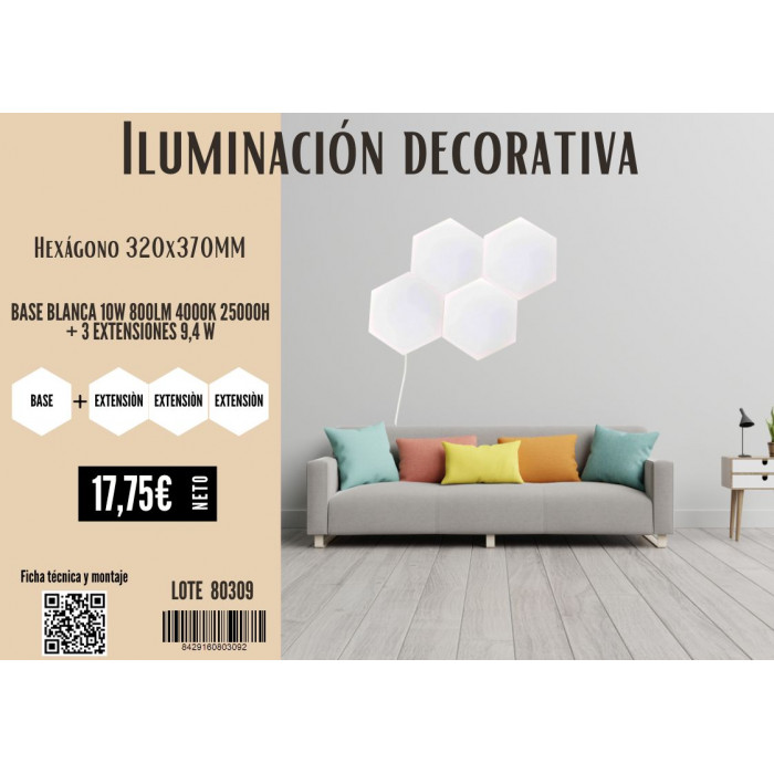 PANEL LED ENLAZABLE HEXAGONAL BLANCO 10W 800LM 4000K 25000H 320x370MM 7hSevenOn+ 3 EXTENSIONES 9,4 W