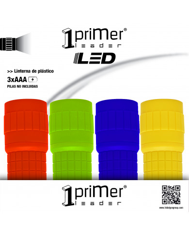 LINTERNA PLÁSTICO LED. VARIOS COLORES. 98X30mm (Pilas 3xAAA no incluidas) PRIMER LEADER