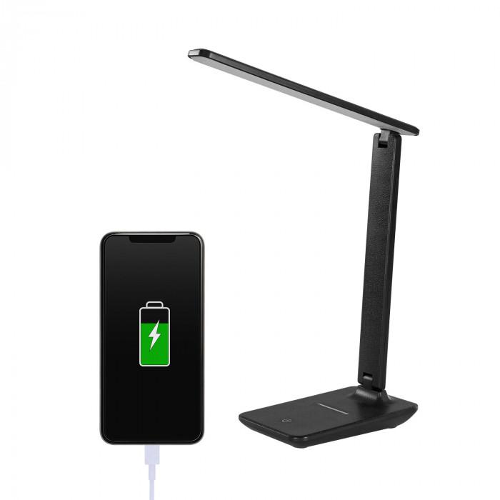 FLEXO LED INTEGRADO 9W (350lm) NEGRO CON CARGADOR WIRELESS+USB 3 MODOS LUZ 3000-6000K 11,5*17*56CM SEVEN ON HOME