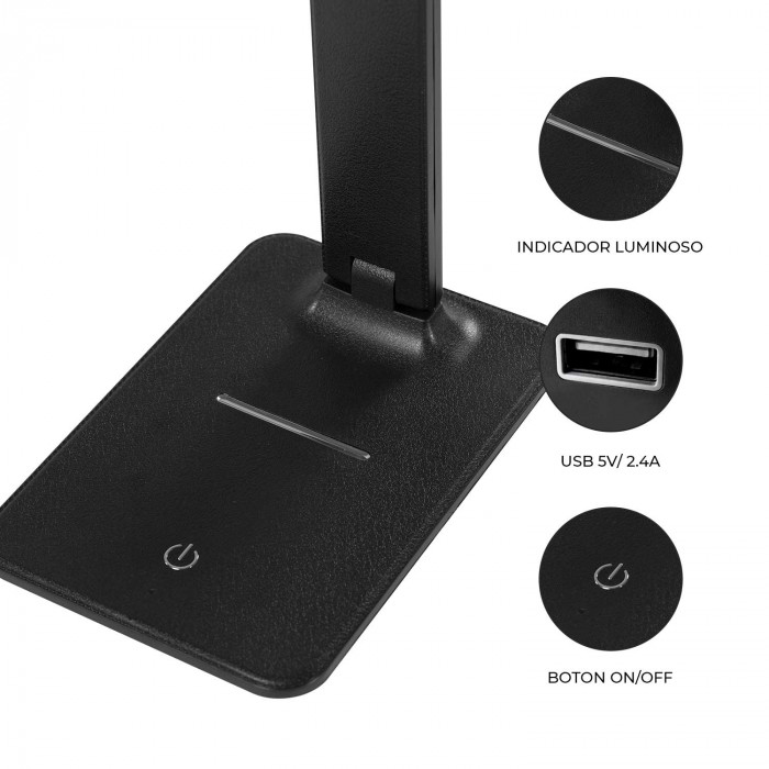 FLEXO LED INTEGRADO 9W (350lm) NEGRO CON CARGADOR WIRELESS+USB 3 MODOS LUZ 3000-6000K 11,5*17*56CM SEVEN ON HOME