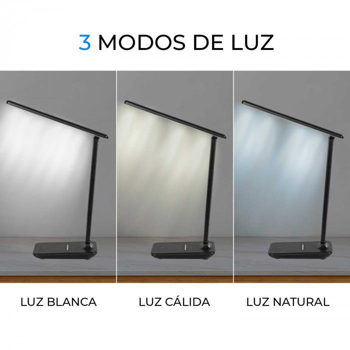 FLEXO LED INTEGRADO 9W (350lm) NEGRO CON CARGADOR WIRELESS+USB 3 MODOS LUZ 3000-6000K 11,5*17*56CM SEVEN ON HOME
