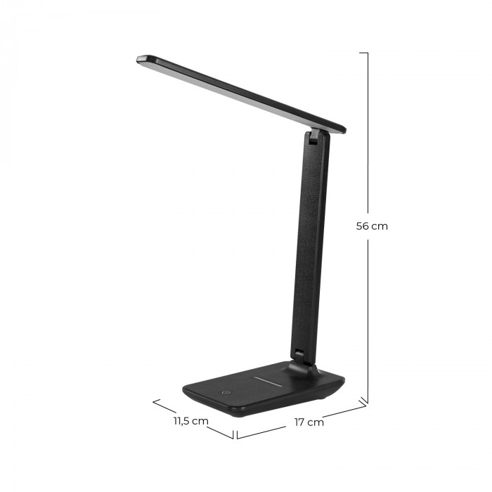 FLEXO LED INTEGRADO 9W (350lm) NEGRO CON CARGADOR WIRELESS+USB 3 MODOS LUZ 3000-6000K 11,5*17*56CM SEVEN ON HOME
