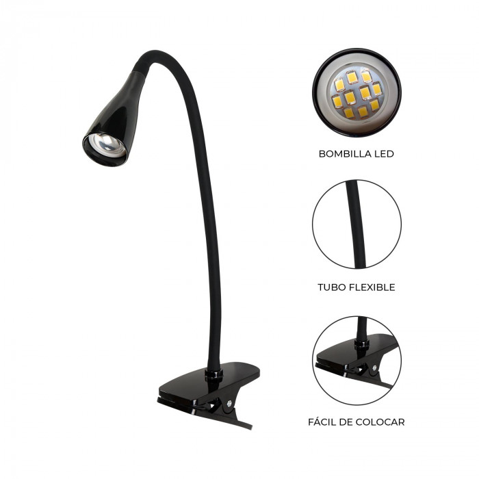 FLEXO LED INTEGRADO 5W (300lm) PINZA REDONDO NEGRO 51*1,5CM SEVEN ON HOME