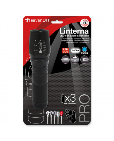 LINTERNA LED 200LM ZOOM EXTENSIBLE. (Pilas 3xAAA incluidas) 7hSevenOn BL.1