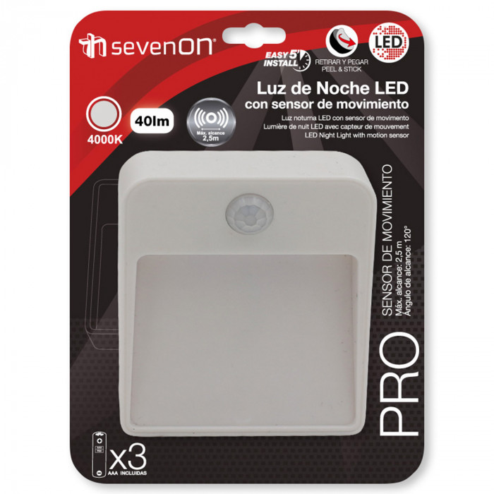 LUZ DE NOCHE LED CUADRADA CON SENSOR  0,5W 40lm  4000K (Pilas 4xAAA incluidas) 7hSevenOn BL.1