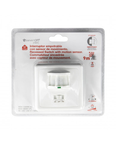 INTERRUPTOR CON SENSOR INFRARROJO DE MOVIMIENTO EMPOTRADO 160º 9M MAX.1200W 7hSevenOn Elec TF3 BL1