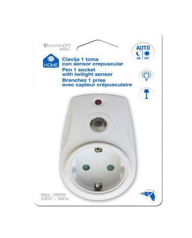 CLAVIJA 1 TOMA SCHUKO CON SENSOR CREPUSCULAR 7hSevenOn Elec BL1