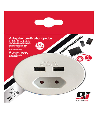 PROLONGADOR CLAVIJA PLANA + 2 USB COLORES SURTIDOS NINE&ONE