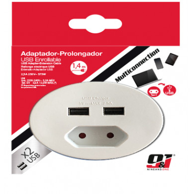 PROLONGADOR CLAVIJA PLANA + 2 USB COLORES SURTIDOS NINE&ONE